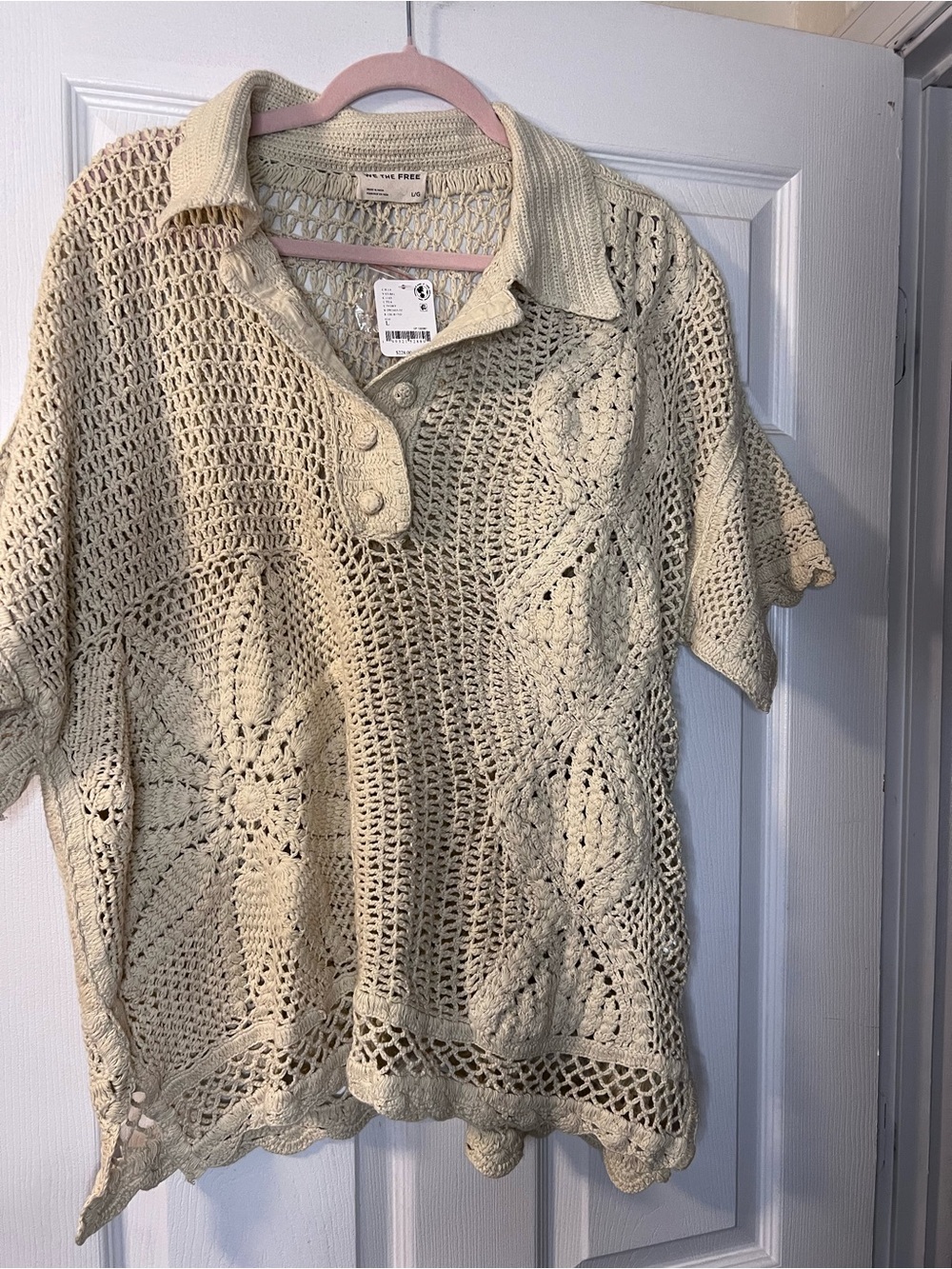 #431 Free People We The Free NWT Ivory Crochet Knit Oversize Collared Sweater L